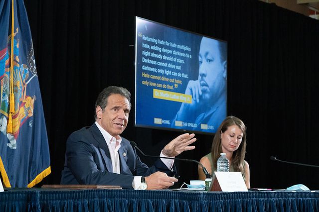 Governor Andrew Cuomo and his secretary Melissa DeRosa at a briefing in the Mount Eden section of the Bronx.
